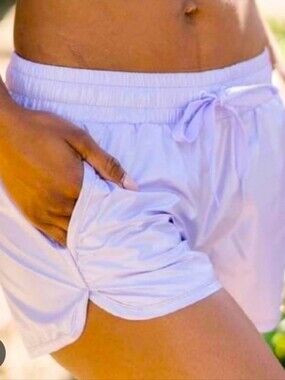 ZYIA Active Lilac Shine Bomber Short SzL Drawstring Pockets Athletic Run Women